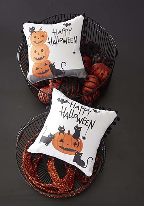 Set of 2 White Happy Halloween Decorative Pillows