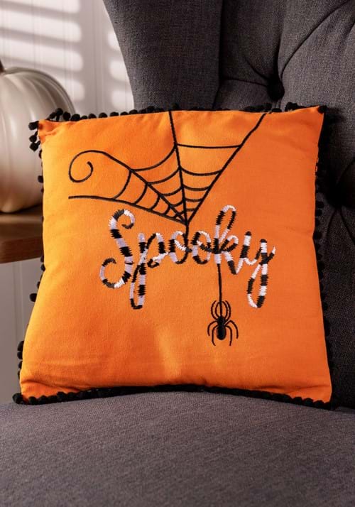 12-Inch Orange Halloween Pillow with White and Black Embroidery Decoration