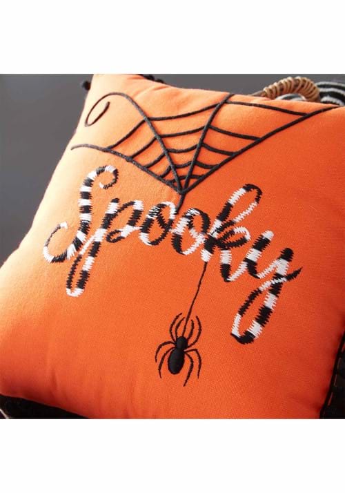 12-Inch Orange Halloween Pillow with White and Black Embroidery Decoration