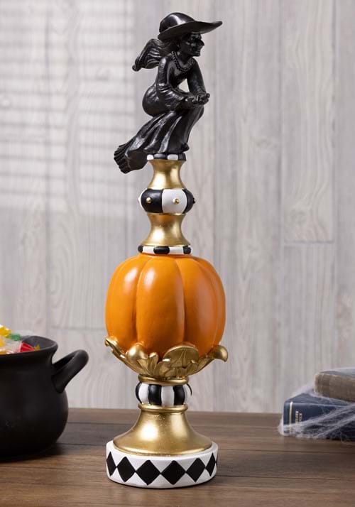 17-Inch Black White Orange and Gold Finial with Flying Witch Resin Decoration