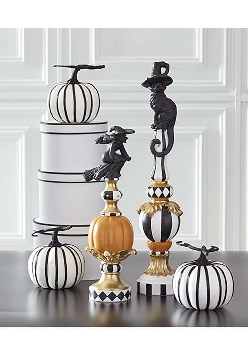 17-Inch Black White Orange and Gold Finial with Flying Witch Resin Decoration