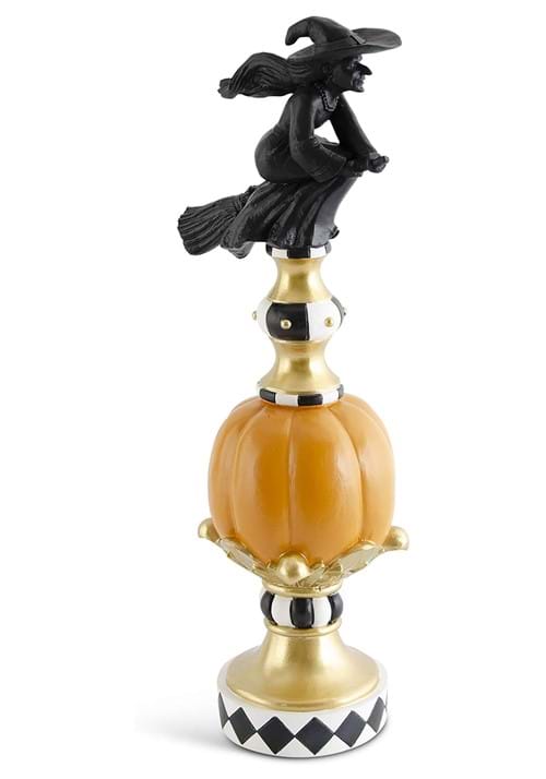 17-Inch Black White Orange and Gold Finial with Flying Witch Resin Decoration