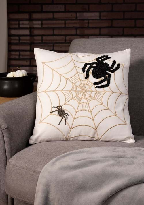 18-Inch Embroidered Spiders & Web Halloween Decorative Pillow