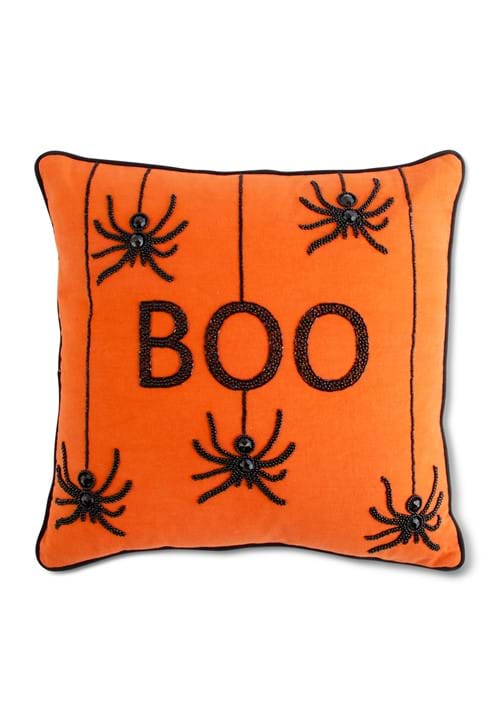18-Inch Orange Beaded BOO Spiders Decorative Square Pillow
