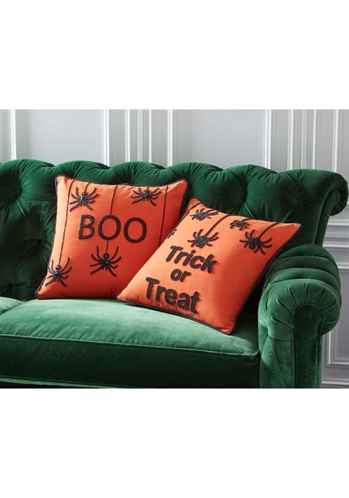 18-Inch Orange Beaded BOO Spiders Decorative Square Pillow