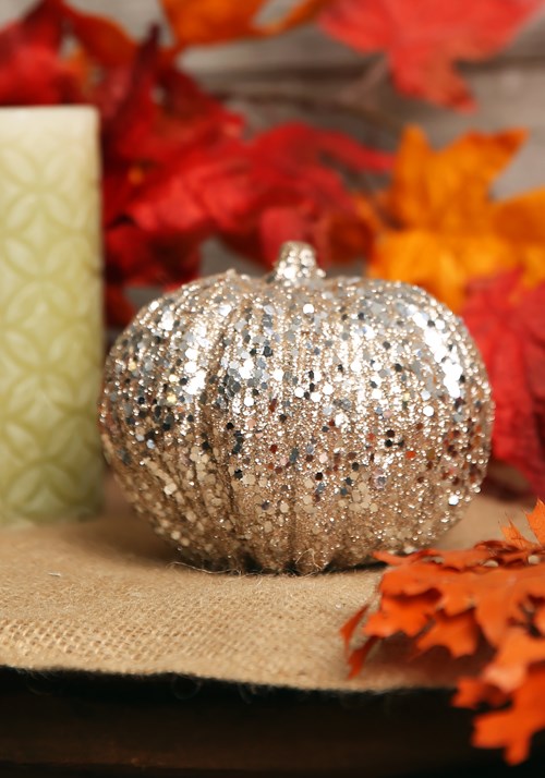 4.5-Inch Short Glitter Champagne Pumpkin Halloween Decoration