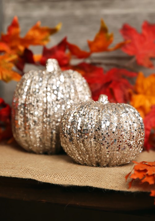 4.5-Inch Short Glitter Champagne Pumpkin Halloween Decoration