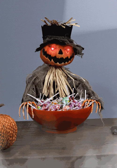 9-Inch Animated Pumpkin Scarecrow with Candy Bowl Decoration