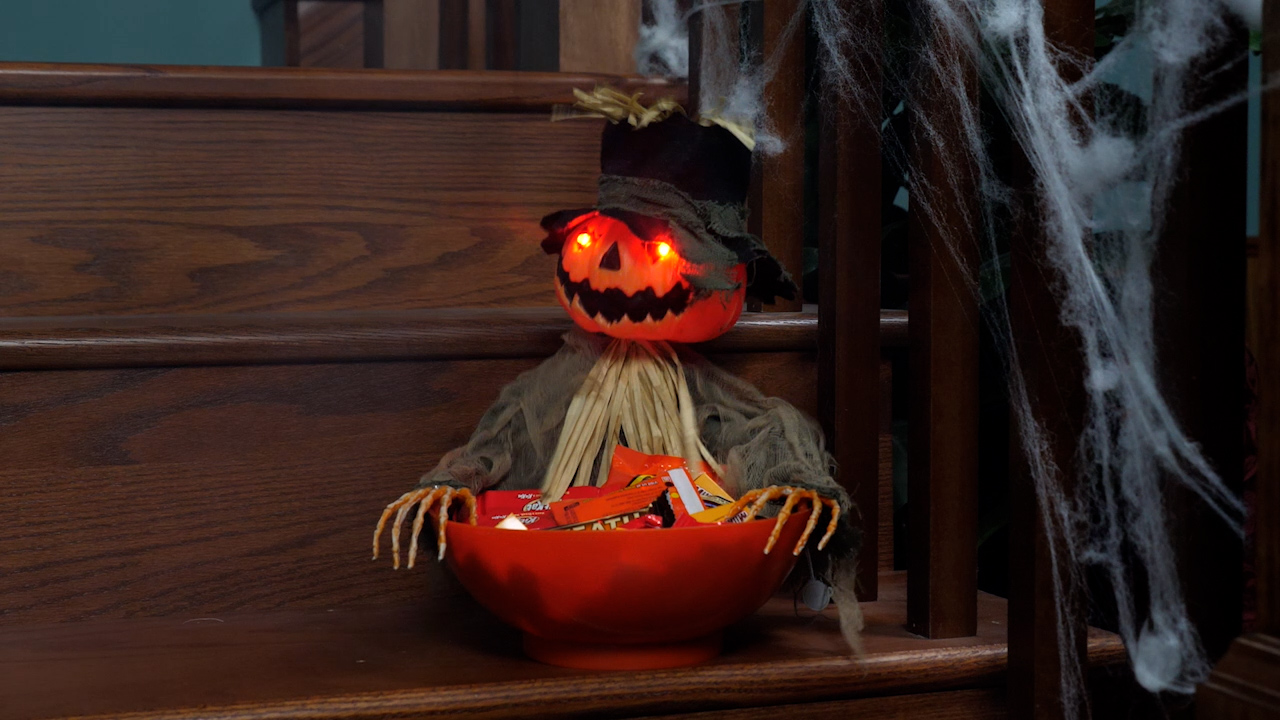 9-Inch Animated Pumpkin Scarecrow with Candy Bowl Decoration 3 9-Inch Animated Pumpkin Scarecrow with Candy Bowl Decoration