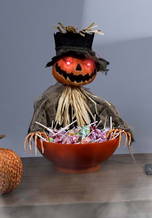 9-Inch Animated Pumpkin Scarecrow with Candy Bowl Decoration 4 9-Inch Animated Pumpkin Scarecrow with Candy Bowl Decoration
