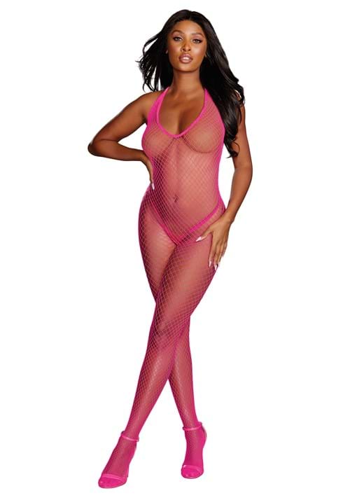 Women's Neon Pink Diamond Fishnet Halter Bodystocking